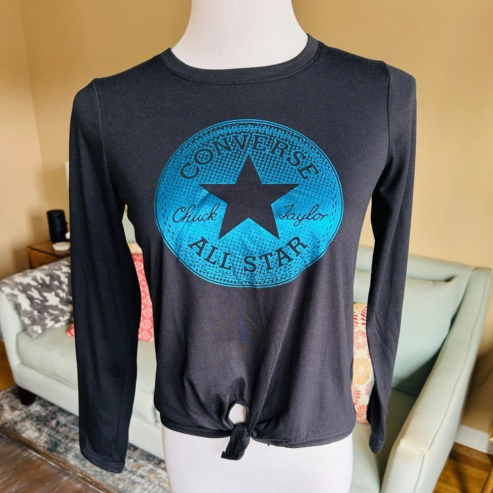 Converse Girls Black Long Sleeve Front Tie Graphic Logo Top 12/14 XL